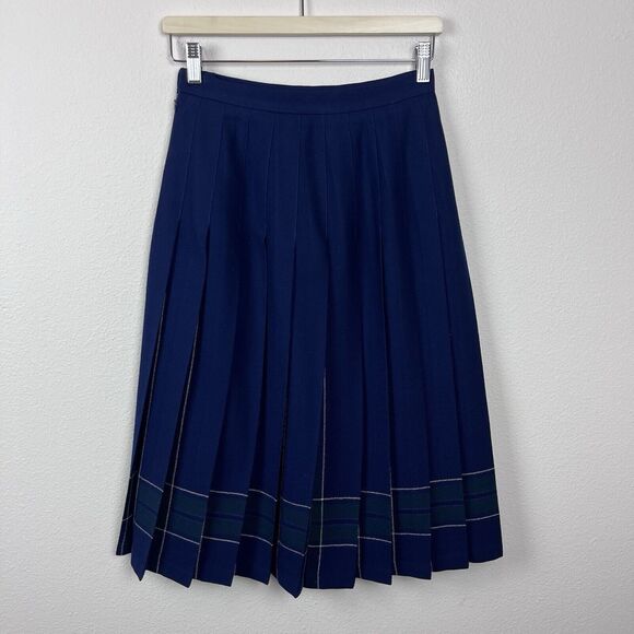 Vintage LL Bean Skirt Womens Eight Petite Wool Midi Pleated Scotland Preppy Blue - Picture 2 of 12